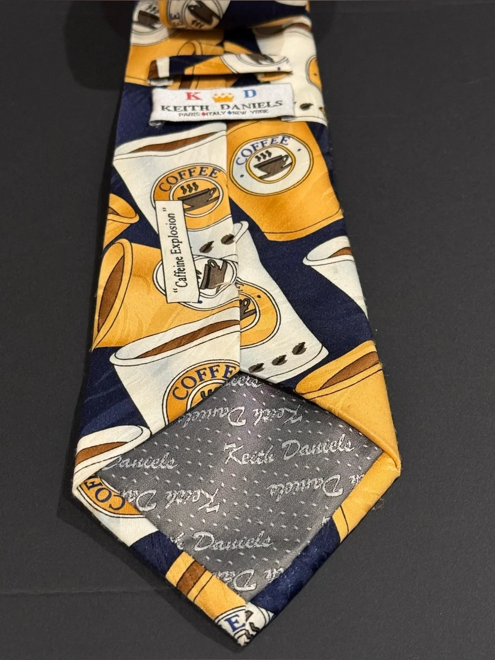Keith Daniel’s Men's Coffee Cup Fun Print Neck Tie in Navy and Yellow